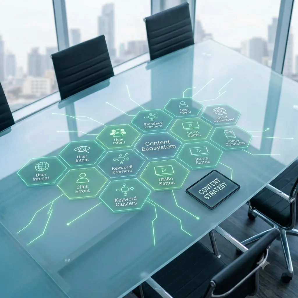 Content strategy illustration: a boardroom table with a linked hexagonal map of content ecosystem topics