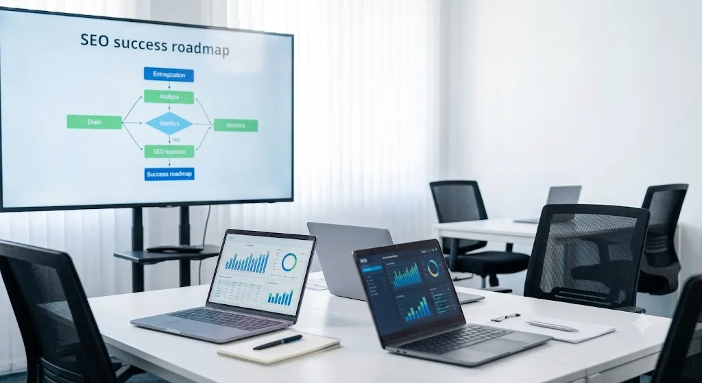 SEO training illustration: a meeting room with an SEO roadmap on screen and laptops showing analytics dashboards