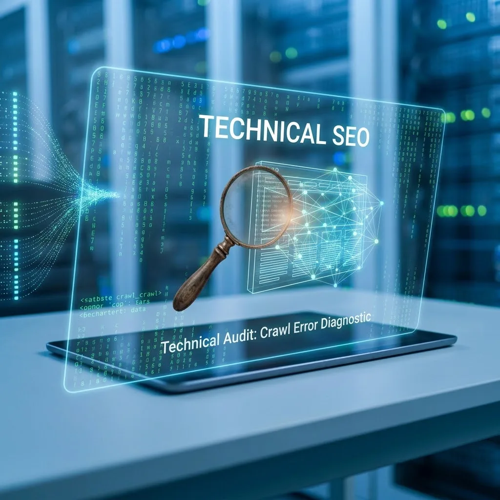 Technical SEO audit illustration: a site diagram under a magnifying glass in front of a data centre